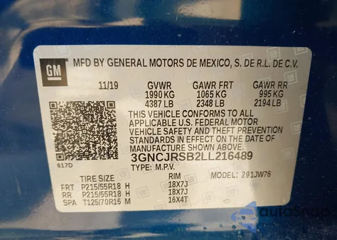 2020 Chevrolet Trax Awd Premier z USA, uszkodzony, nr VIN 3GNCJRSB2LL216489